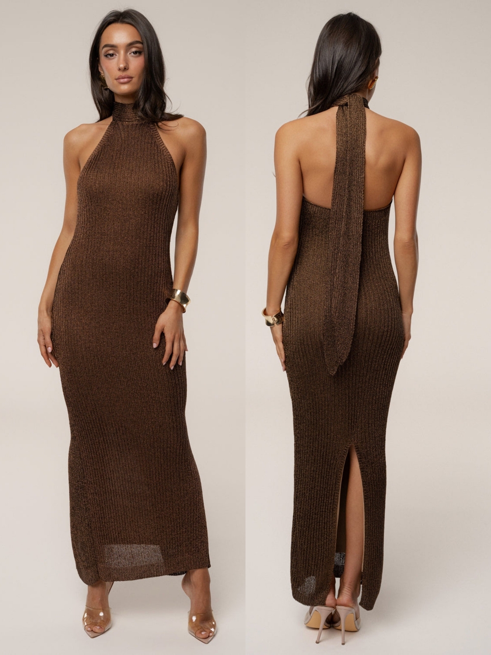 JLUXLABEL Brown Halter Maxi Dress with Back Tie